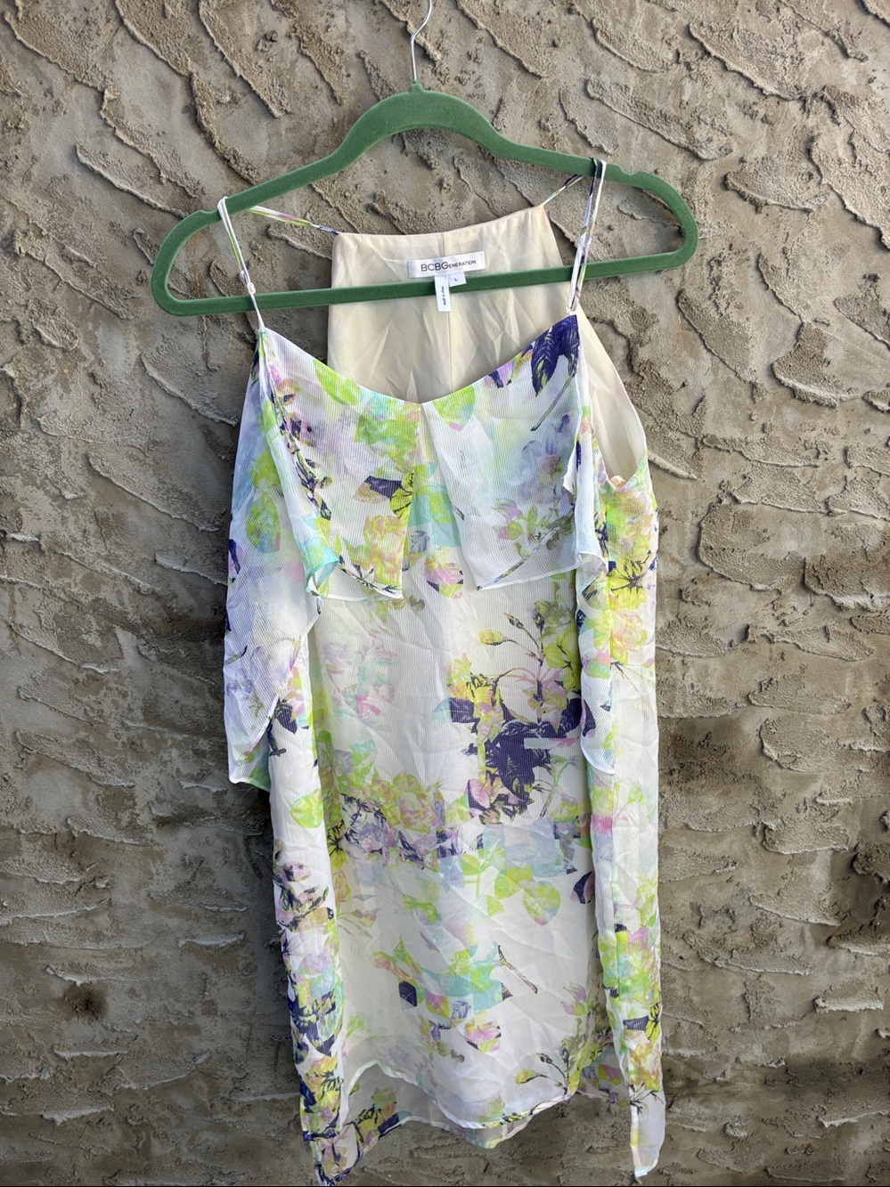 BCBGeneration Midi White Floral Chiffon Slip Dress Lime Purple Accents Airy L